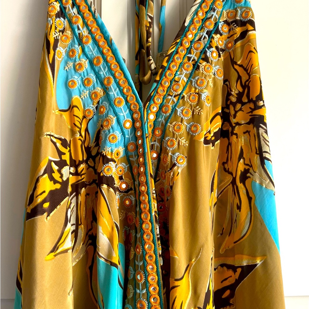 🧡🩵Karma Highway Boho Embellished Mirror Work Halter Maxi Dress Floral OS 🤎🪞 - Picture 2 of 10